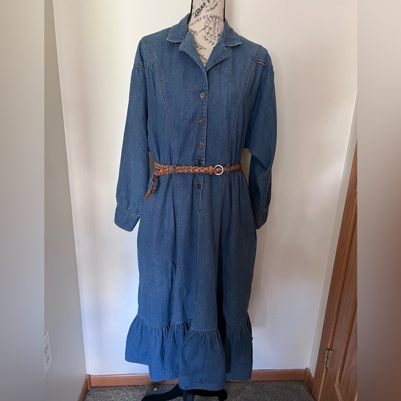 Jordache Dresses & Skirts - Jordache 80s Vintage Denim Prairie Dress Button Front Ruffle Hem Belted 15/16